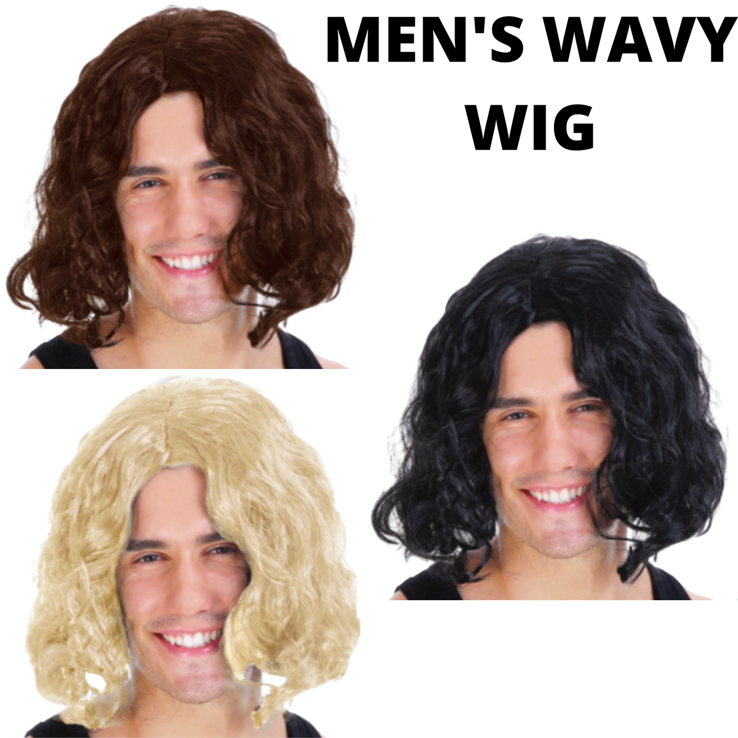 MENS WAVY WIG Curly Long Hair Disco Punk Rock Party Costume 60s 70s - Blonde