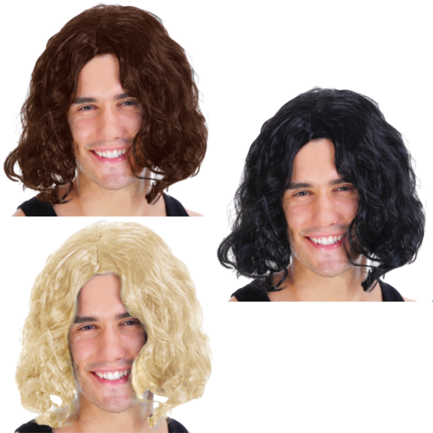 MENS WAVY WIG Curly Long Hair Disco Punk Rock Party Costume 60s 70s - Blonde
