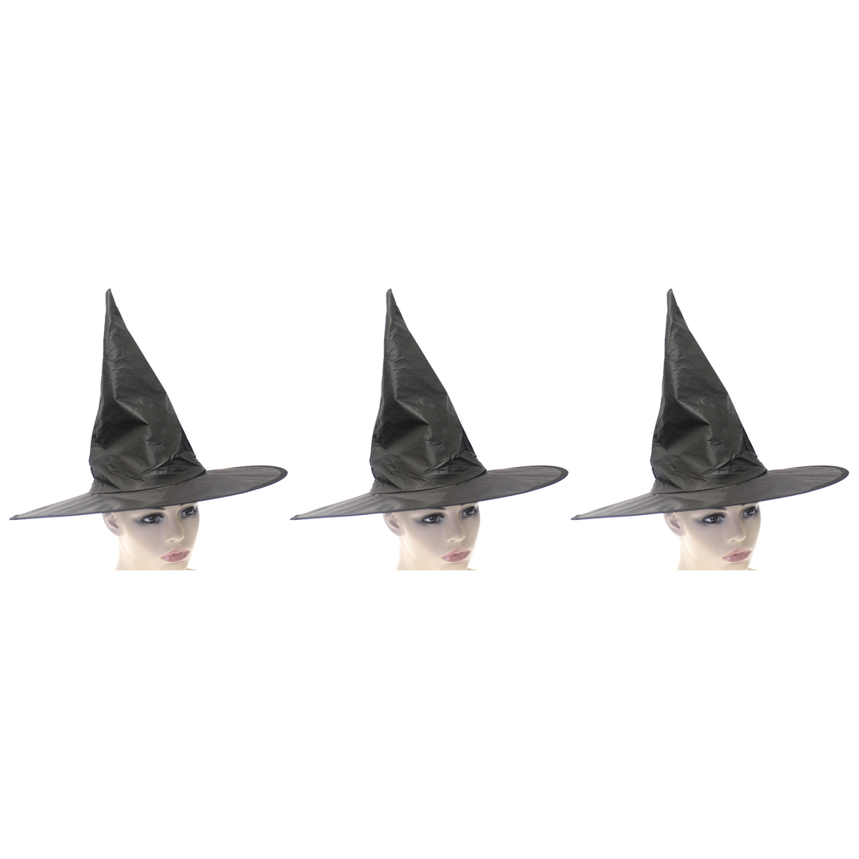 3x Plain Black Witch Hat Pack - Halloween Wizard Costume (Fancy Dress)