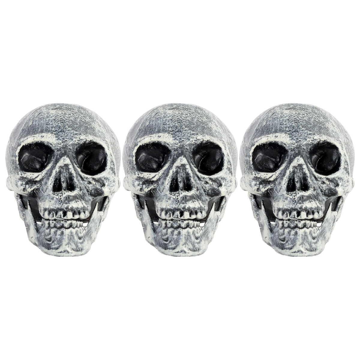 3x Skull Prop with Opening Jaw Pack - Grey/White (19x16cm Halloween Decoration)