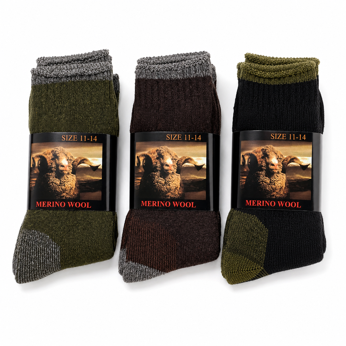 6 Pairs Heavy Duty Merino Wool Work Crew Socks w/ Thick Cushion (Size 11-14) - Assorted Dark Colours