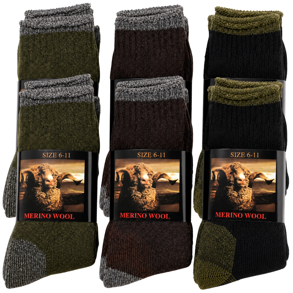 6 Pairs Heavy Duty Merino Wool Work Crew Socks Extra Thick Cushion (Size 6-11) - Assorted Dark Colours