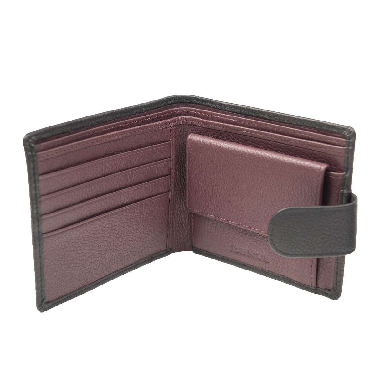 Dents Mens Pebble Grain Leather Bifold Wallet w/ Coin Purse & RFID Blocking - Black/Bordeaux