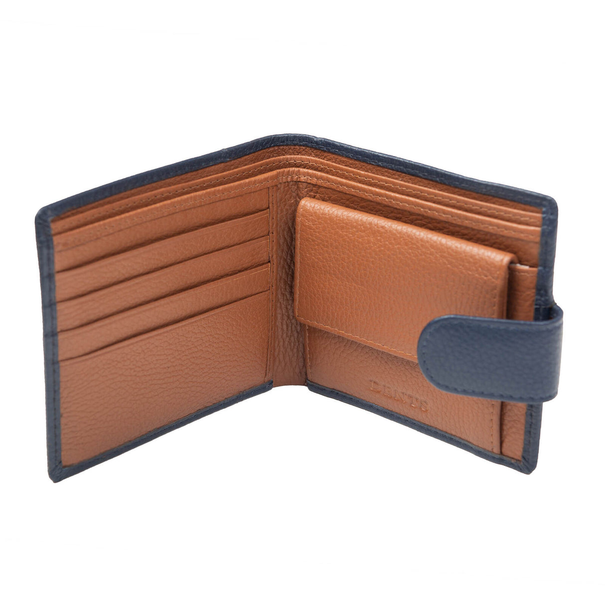 Dents Mens Pebble Grain Leather Bifold Wallet w/ Coin Purse & RFID Blocking - Navy/Cognac