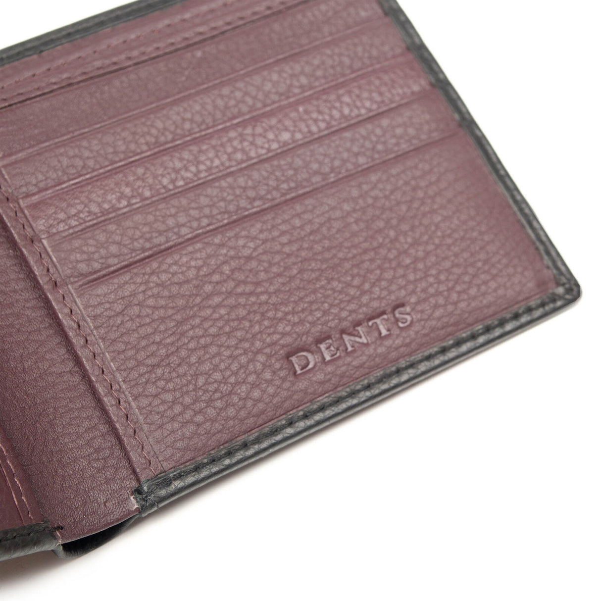 Dents Mens Slim Pebble Grain Leather Bifold Wallet w/ RFID Blocking - Black/Bordeaux
