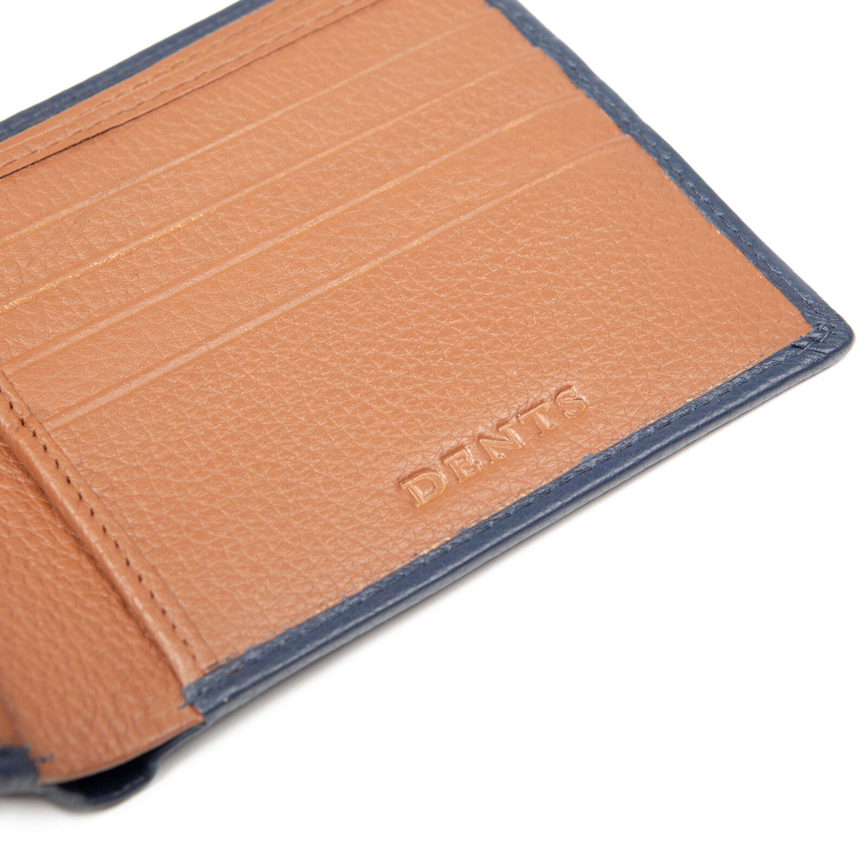 Dents Mens Slim Pebble Grain Leather Bifold Wallet w/ RFID Blocking - Navy/Cognac