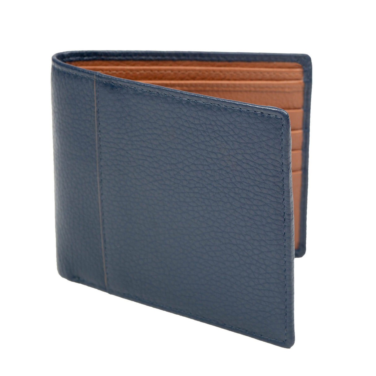 Dents Mens Slim Pebble Grain Leather Bifold Wallet w/ RFID Blocking - Navy/Cognac