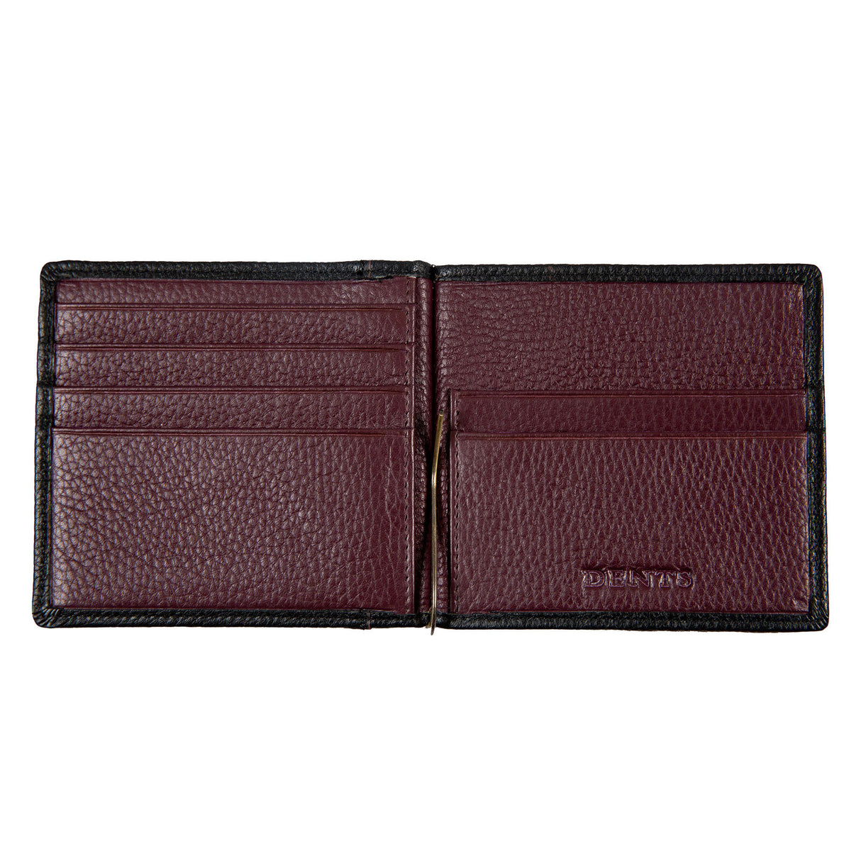 Dents Mens Pebble Grain Leather Bifold Wallet w/ Money Clip & RFID Blocking - Black/Bordeaux