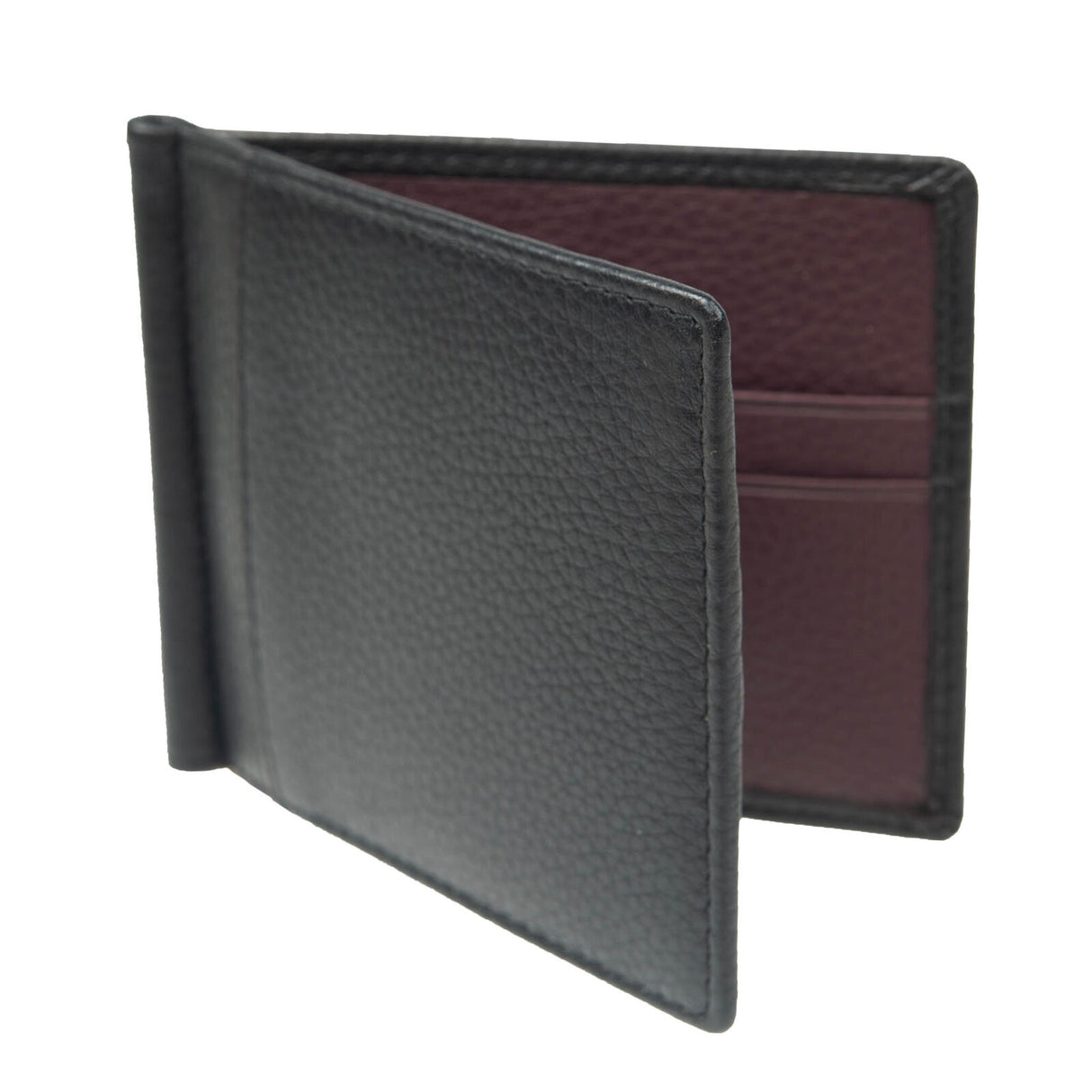 Dents Mens Pebble Grain Leather Bifold Wallet w/ Money Clip & RFID Blocking - Black/Bordeaux