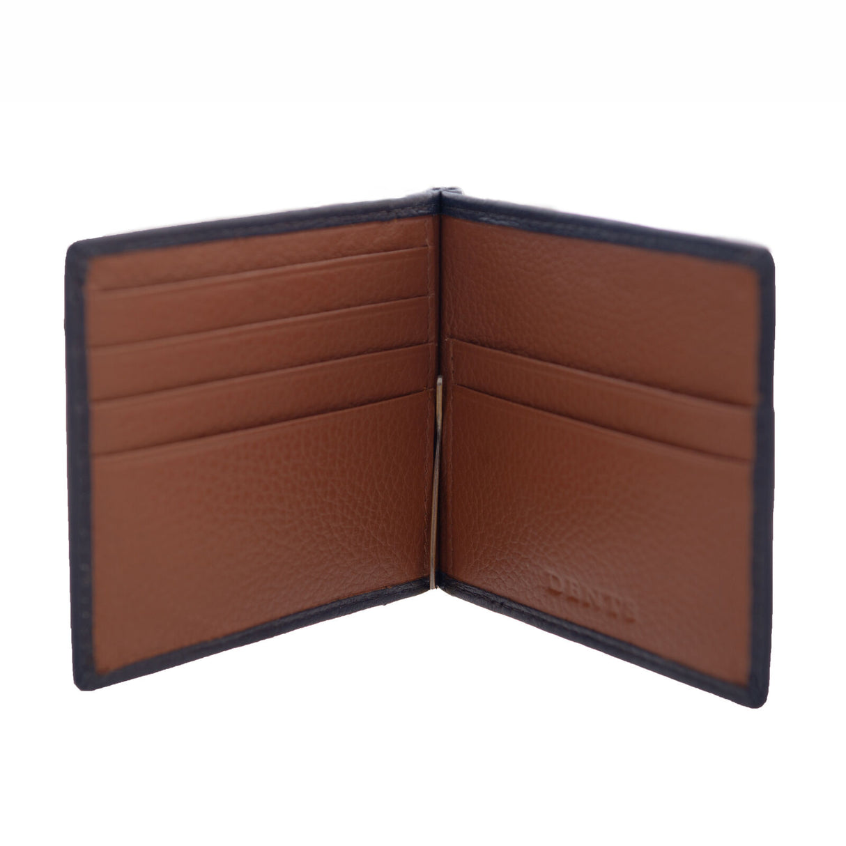 Dents Mens Pebble Grain Leather Bifold Wallet w/ Money Clip & RFID Blocking - Navy/Cognac