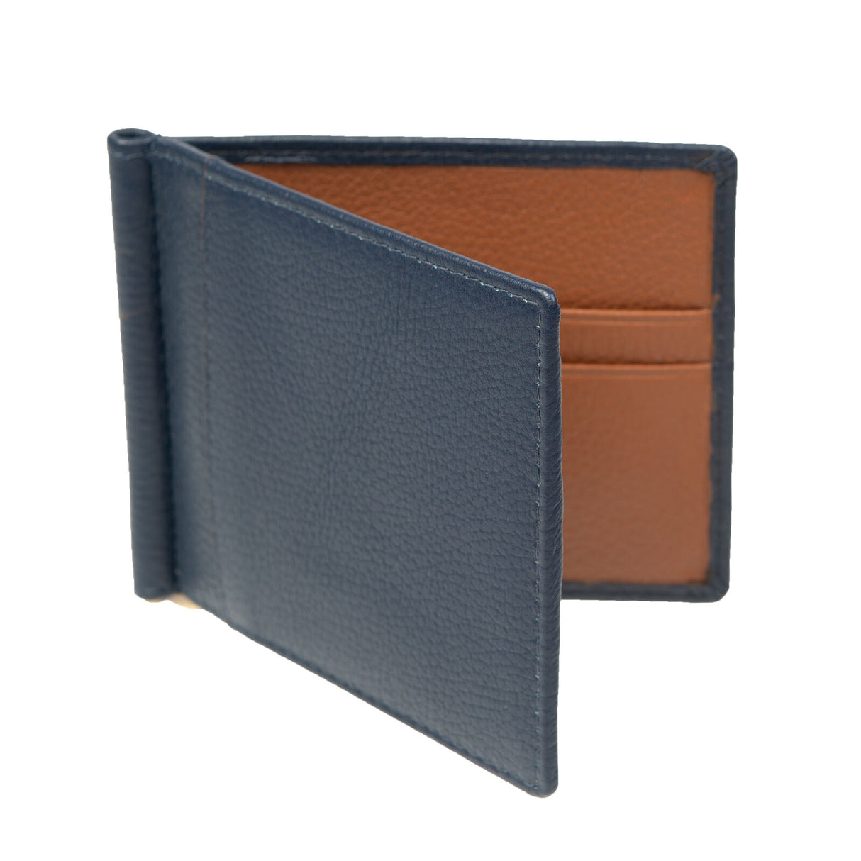 Dents Mens Pebble Grain Leather Bifold Wallet w/ Money Clip & RFID Blocking - Navy/Cognac