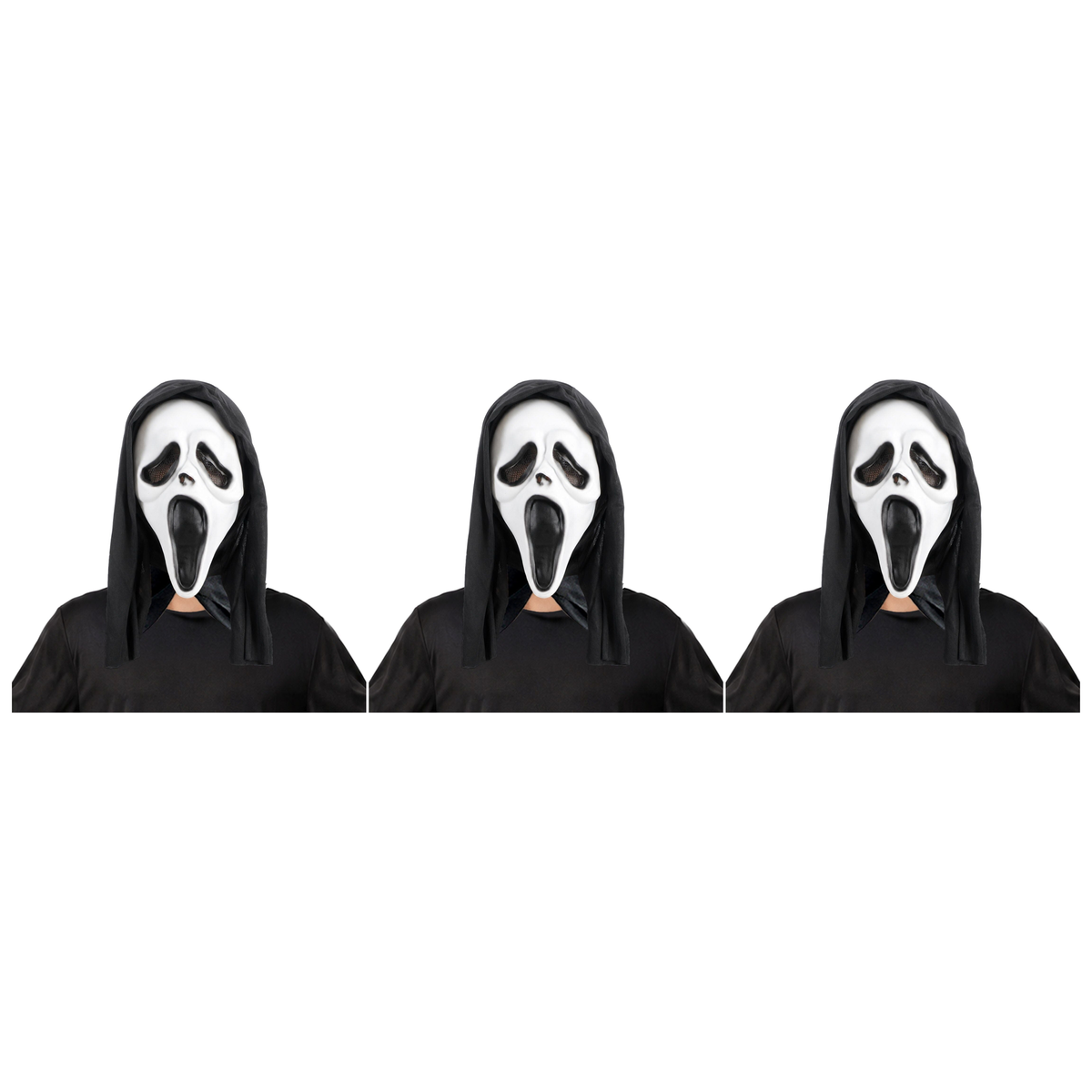 3x Ghost Face Scream Mask w/ Hood Pack - Scary Movie Halloween Horror Party Costume