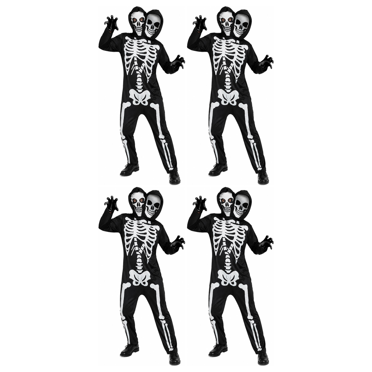 4x Adult Black/White Double Headed Skeleton Group Costume Bulk Pack - Scary Halloween Fancy Dress & Party Outfit