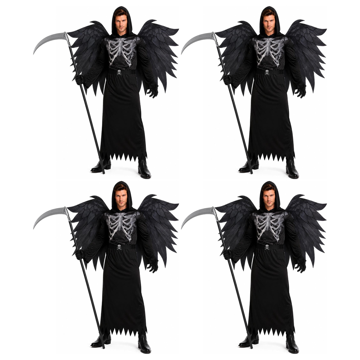 4x Mens Black Death Angel Group Costume Bulk Pack w/ Wings - Grim Reaper Halloween Party Outfit