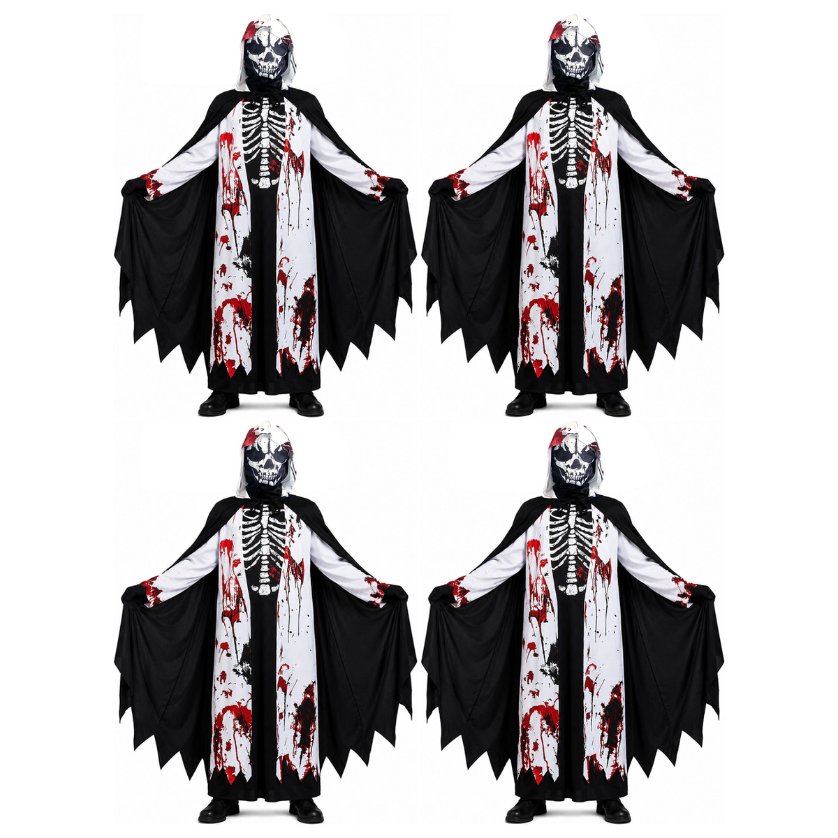 4x Kids Skeleton Grim Reaper Group Costume Bulk Pack w/ Mask, Cape, Tunic & Gloves - Childrens Scary Halloween Outfit