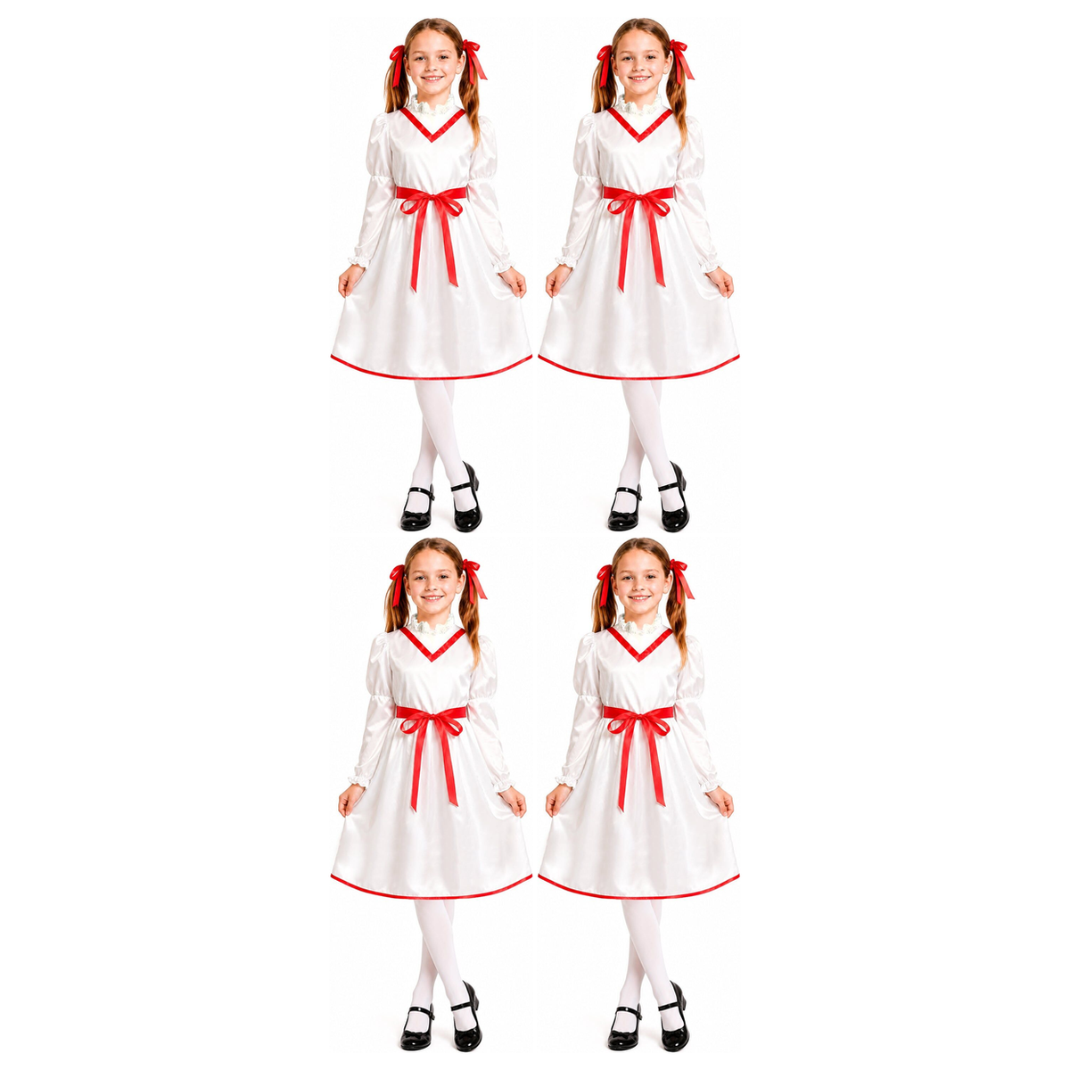4x Girls Cursed Doll Group Costume Bulk Pack - Creepy Little Girl Horror Halloween Outfit