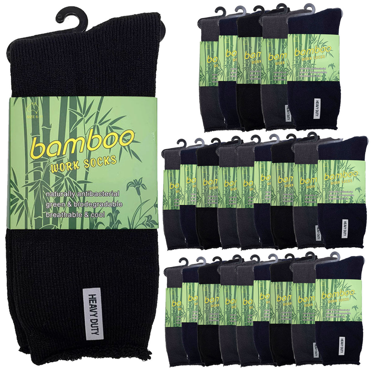 24 Pairs Premium Bamboo Works Socks Bulk Pack - Assorted (Mens Heavy Duty Thick Socks w/ Cushion & Anti-Odour)