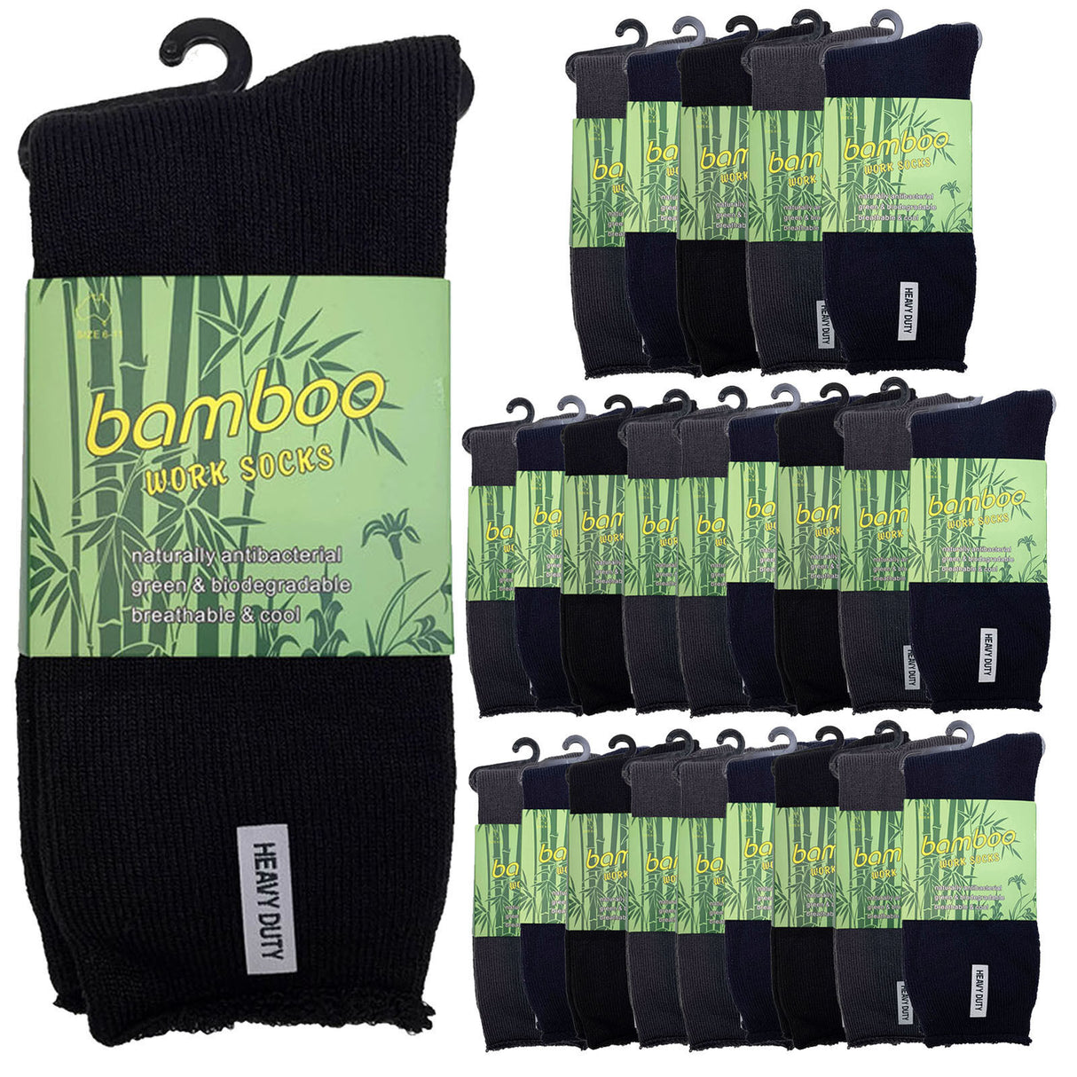 24 Pairs Premium Bamboo Works Socks Bulk Pack - Assorted (Mens Heavy Duty Thick Socks w/ Cushion & Anti-Odour)