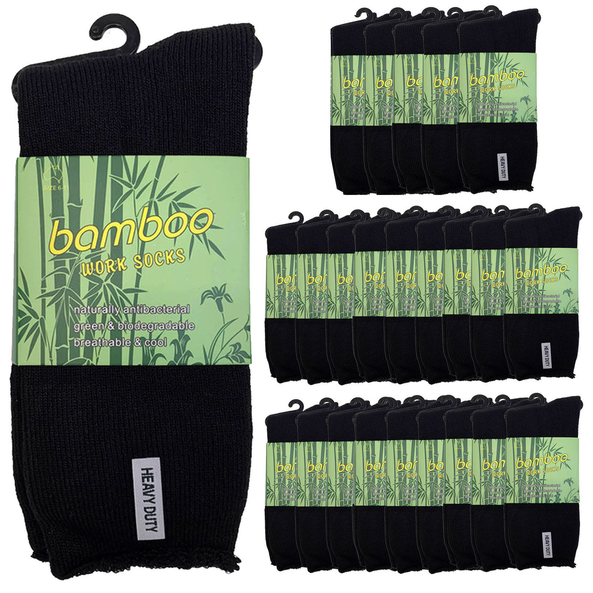24 Pairs Premium Bamboo Works Socks Bulk Pack - Black (Mens Heavy Duty Thick Socks w/ Cushion & Anti-Odour)