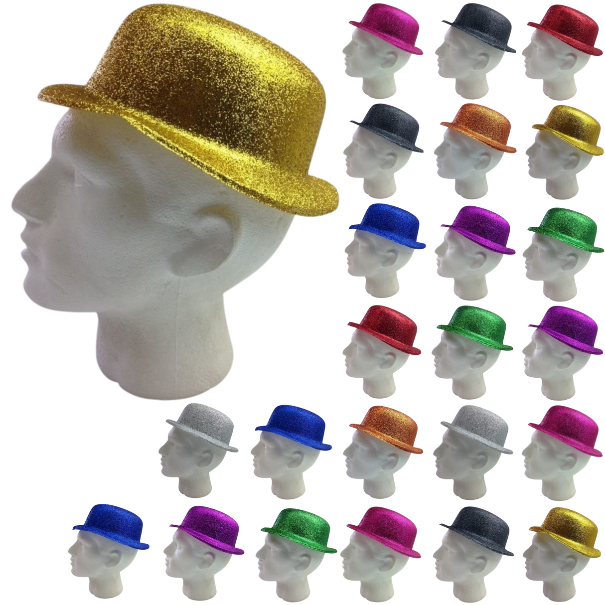 24x GLITTER BOWLER HAT Fancy Party Plastic Costume Cap Fun Dress Up Sparkle BULK - Assorted Colours