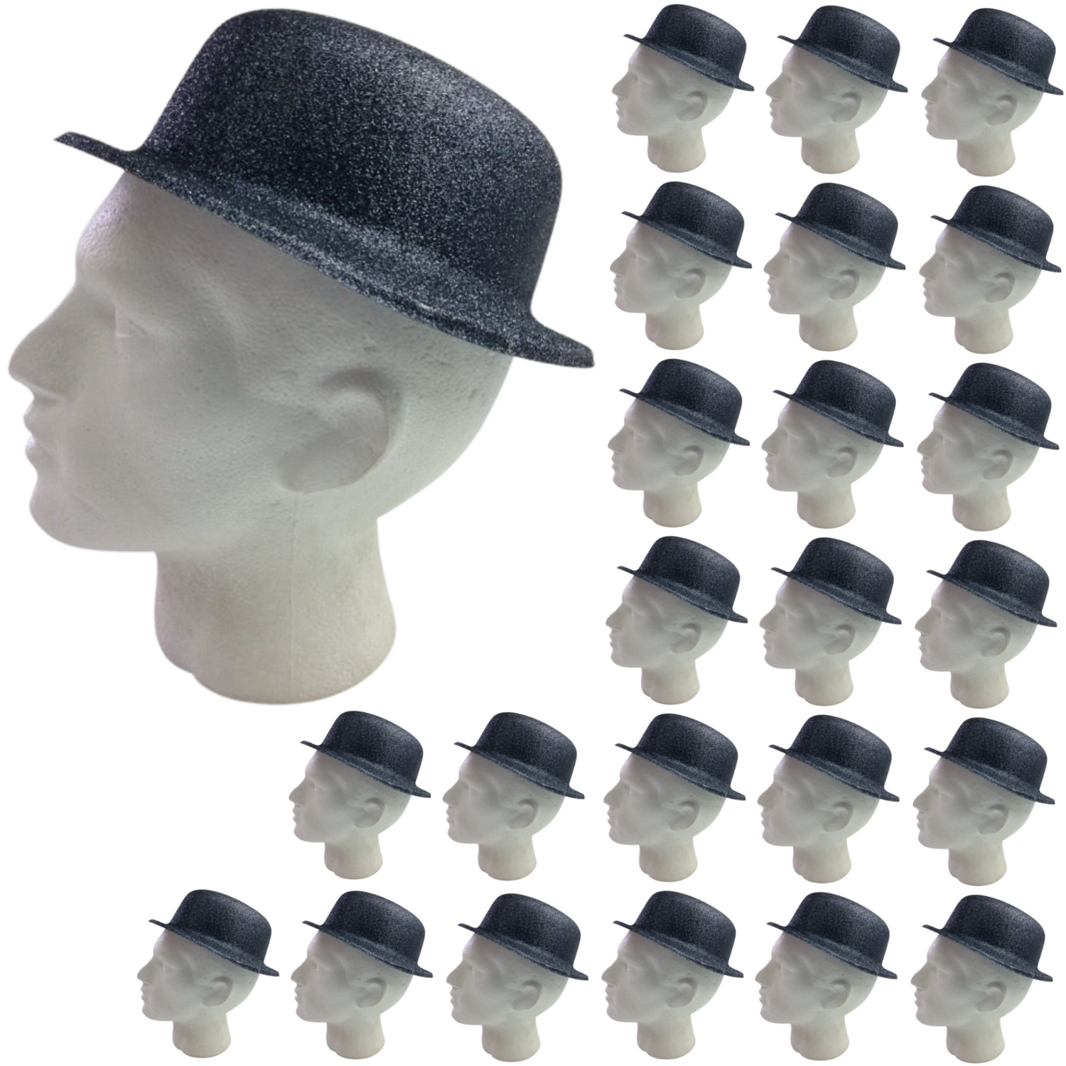 24x GLITTER BOWLER HAT Fancy Party Plastic Costume Cap Fun Dress Up Sparkle BULK - Black