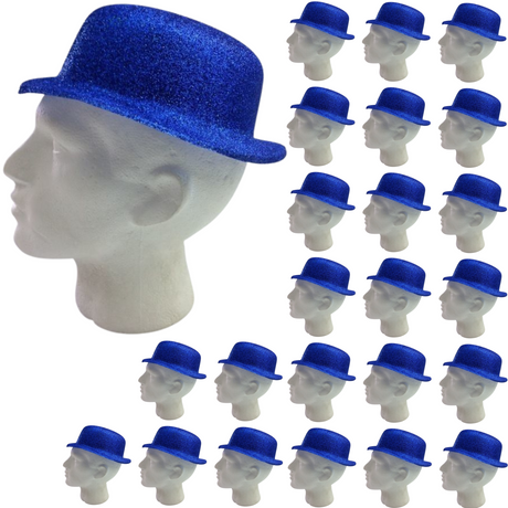 24x GLITTER BOWLER HAT Fancy Party Plastic Costume Cap Fun Dress Up Sparkle BULK - Blue