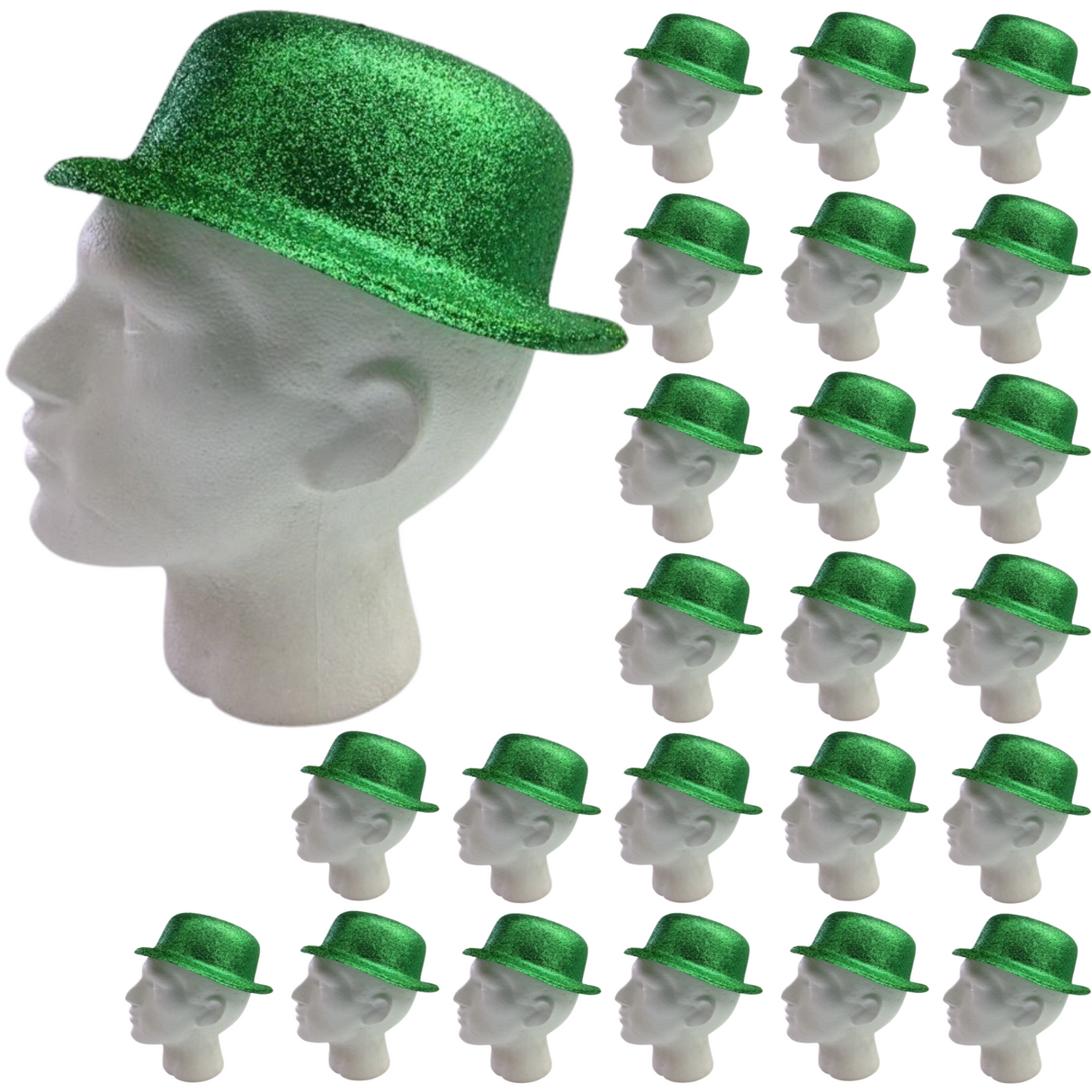 24x GLITTER BOWLER HAT Fancy Party Plastic Costume Cap Fun Dress Up Sparkle BULK - Green