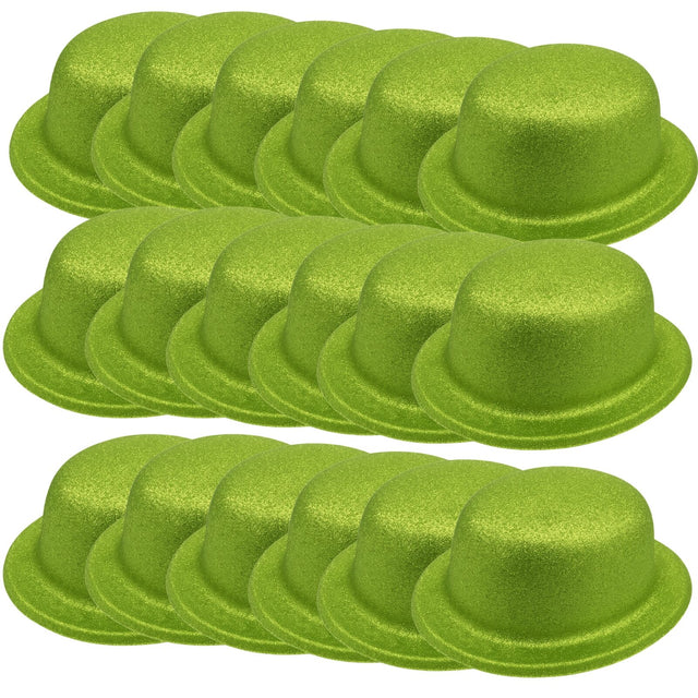 24x GLITTER BOWLER HAT Fancy Party Plastic Costume Cap Fun Dress Up Sparkle BULK - Lime Green
