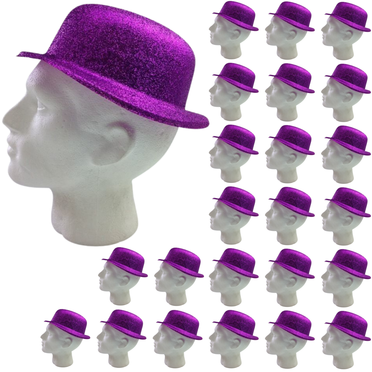 24x GLITTER BOWLER HAT Fancy Party Plastic Costume Cap Fun Dress Up Sparkle BULK - Purple