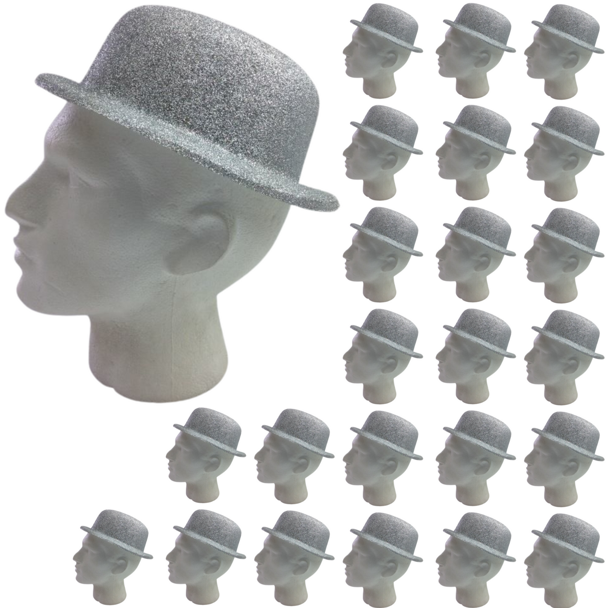 24x GLITTER BOWLER HAT Fancy Party Plastic Costume Cap Fun Dress Up Sparkle BULK - White/Silver