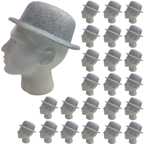 24x GLITTER BOWLER HAT Fancy Party Plastic Costume Cap Fun Dress Up Sparkle BULK - White/Silver