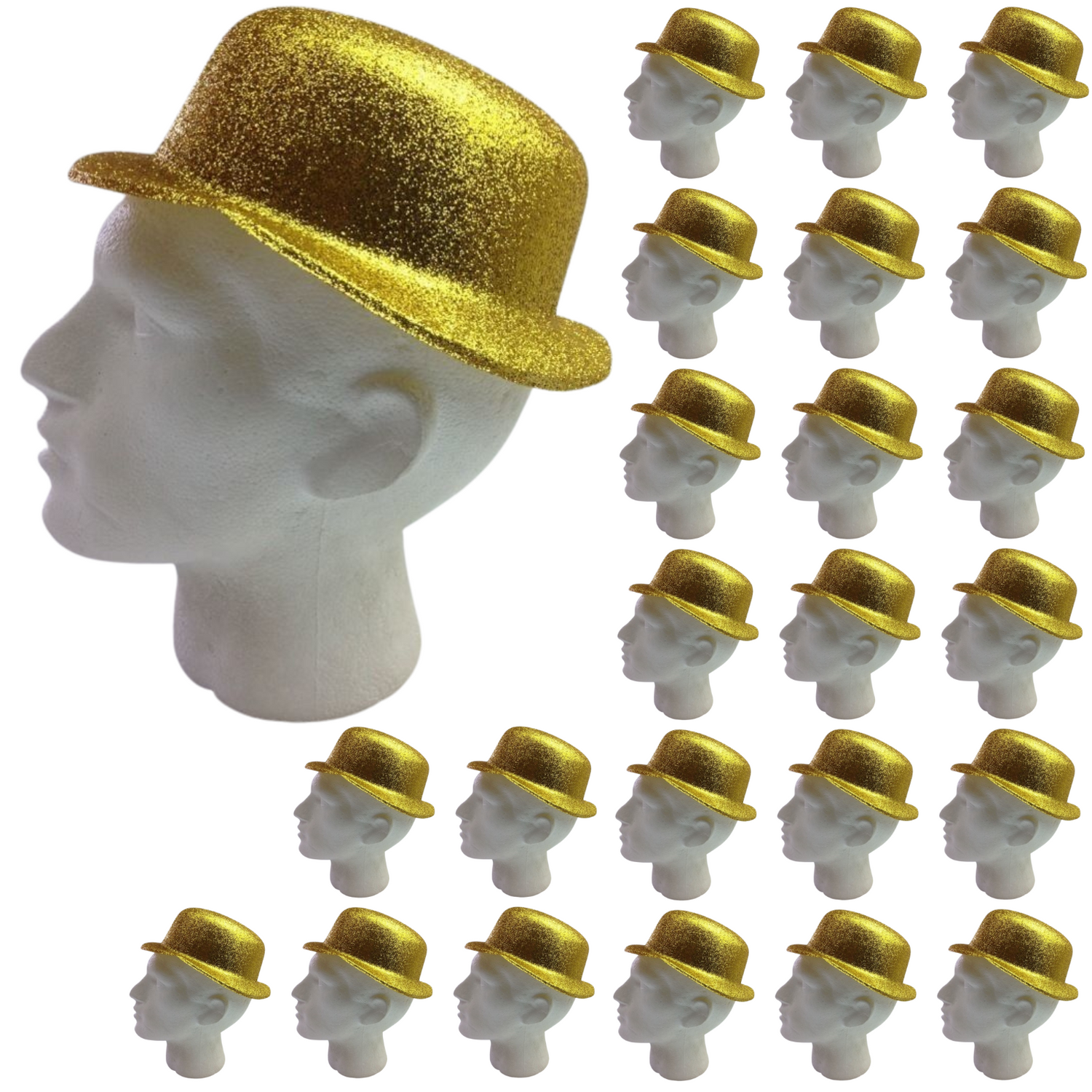 24x GLITTER BOWLER HAT Fancy Party Plastic Costume Cap Fun Dress Up Sparkle BULK - Yellow/Gold