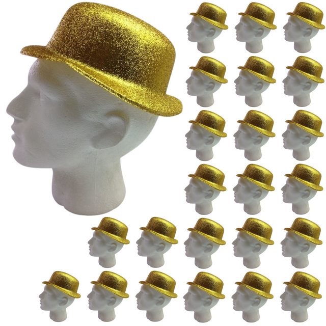 24x GLITTER BOWLER HAT Fancy Party Plastic Costume Cap Fun Dress Up Sparkle BULK - Yellow/Gold