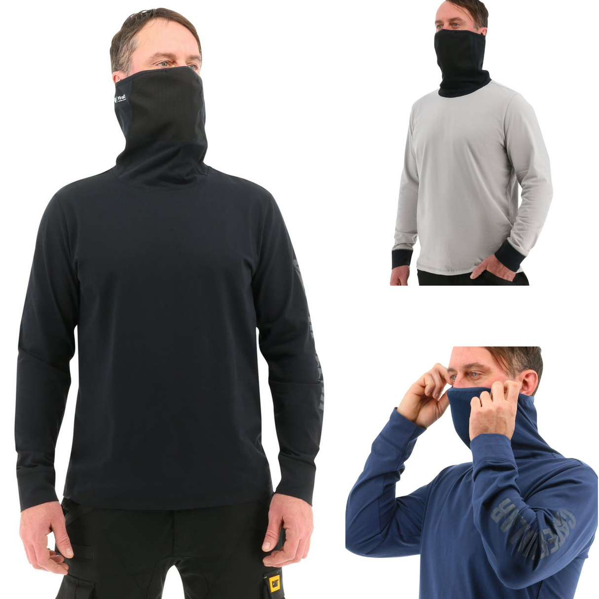 Caterpillar Mens ViralOff¨ Long Sleeve Gaiter Tee with Face Covering Top Shirt CAT - Drizzle