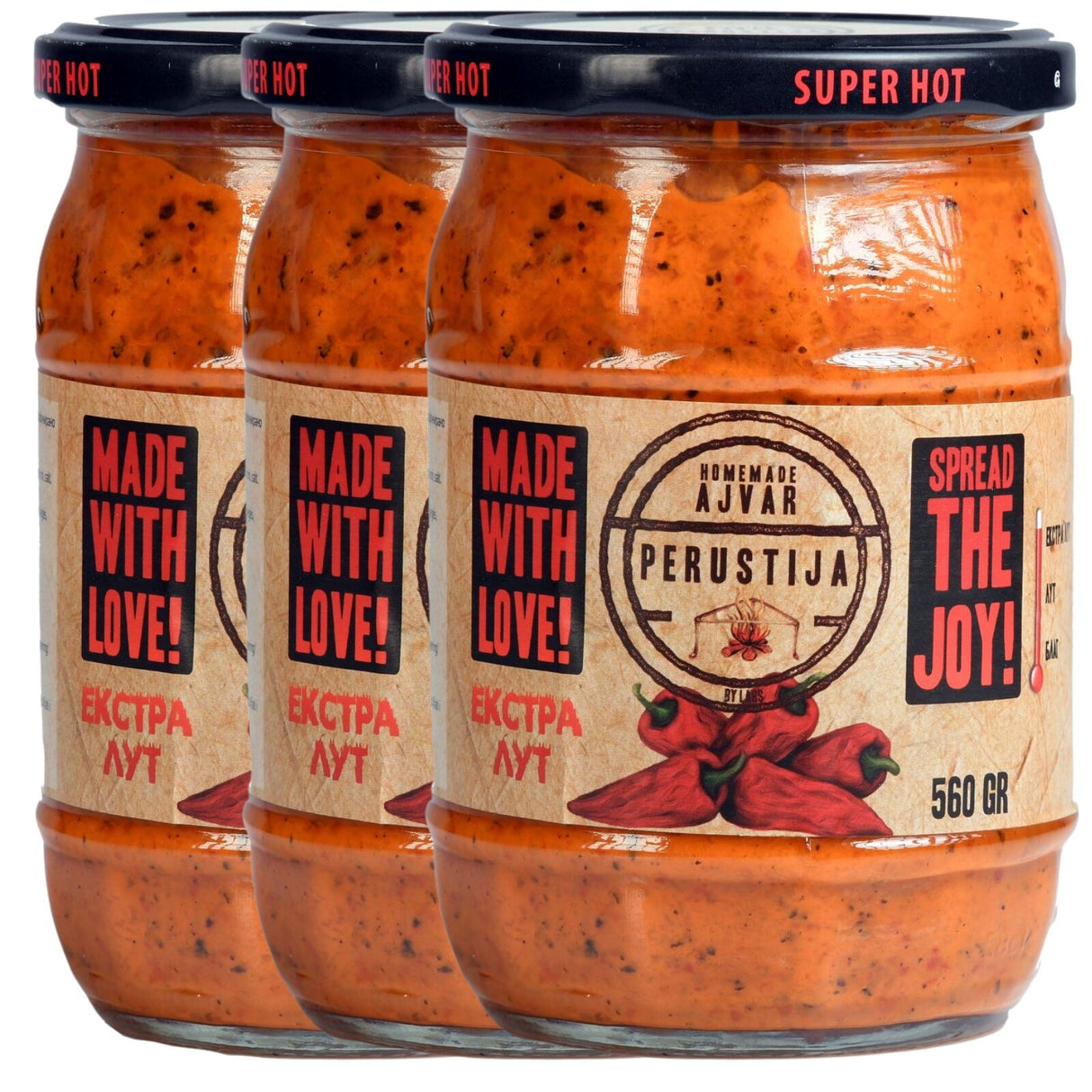 3x 560g Perustija Extra Hot Ajvar Spread (Roasted Red Pepper Relish)