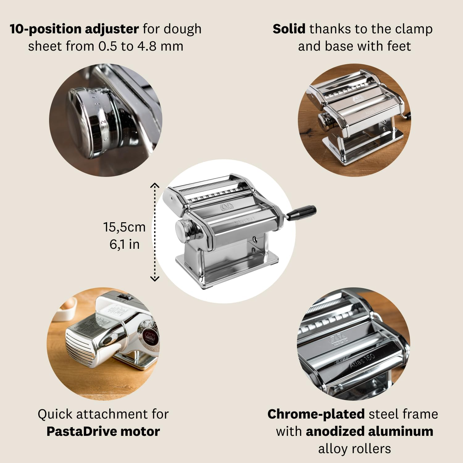 Marcato Atlas 5 Types Gift Set - Pasta Machine w/ 2 Roller Attachments (Makes 5 Types of Pasta)