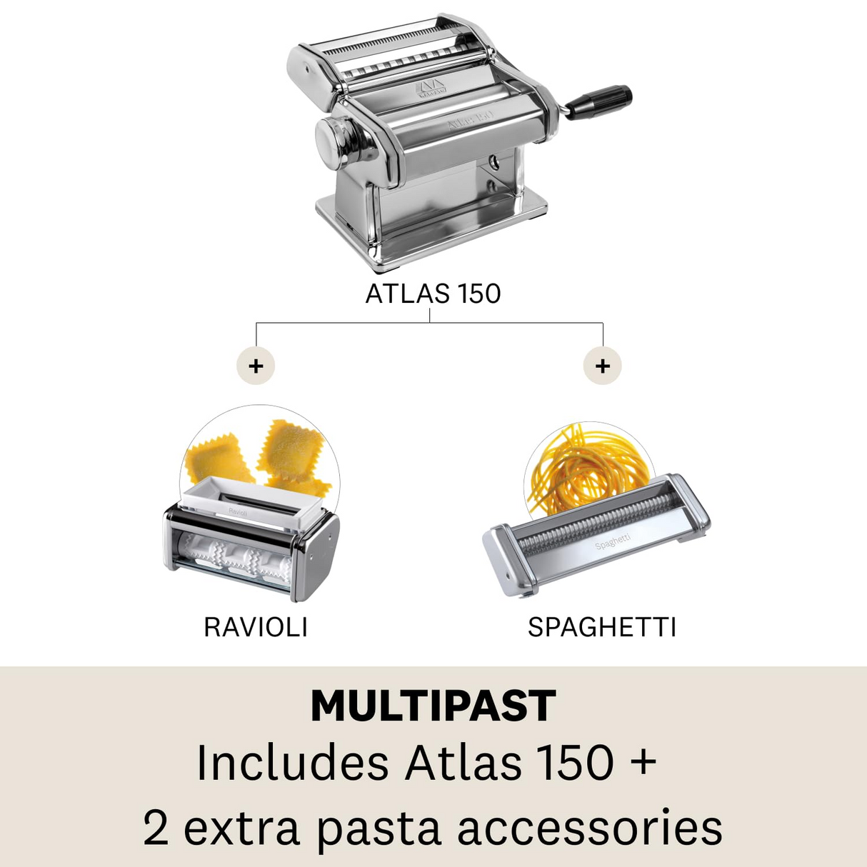 Marcato Atlas 5 Types Gift Set - Pasta Machine w/ 2 Roller Attachments (Makes 5 Types of Pasta)