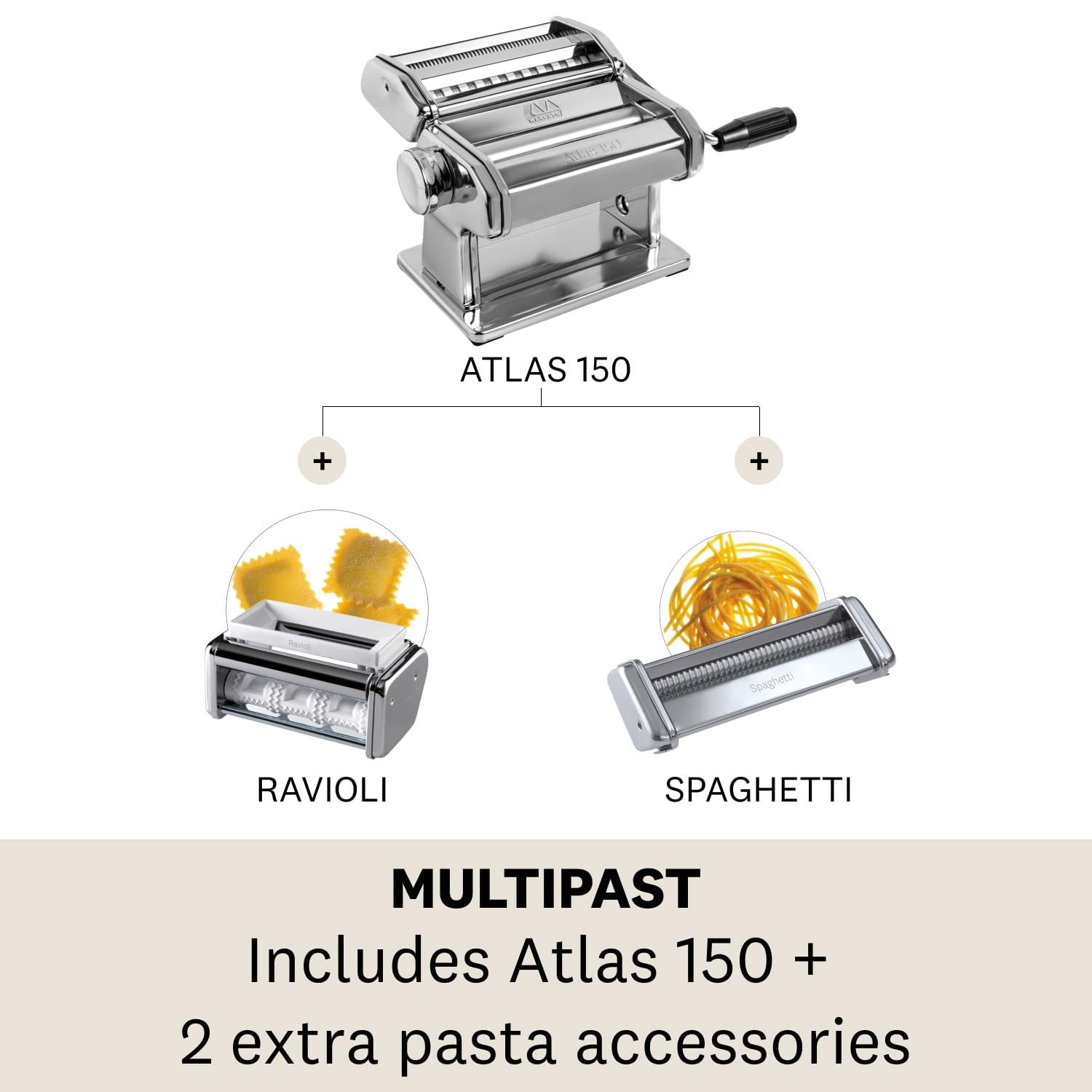 Marcato Atlas 5 Types Gift Set - Pasta Machine w/ 2 Roller Attachments (Makes 5 Types of Pasta)