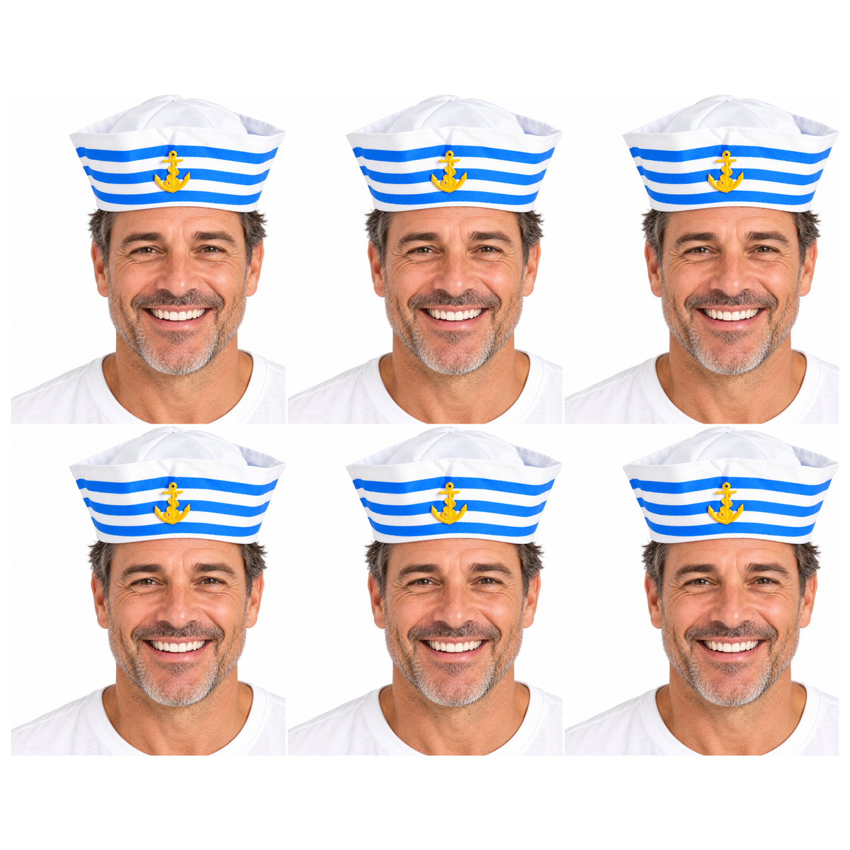6x Blue/White Stripe Sailor/Marine Gob Hat w/ Anchor Bulk Pack - Unisex Navy/Hens Night Captain (Halloween & Fancy Dress)