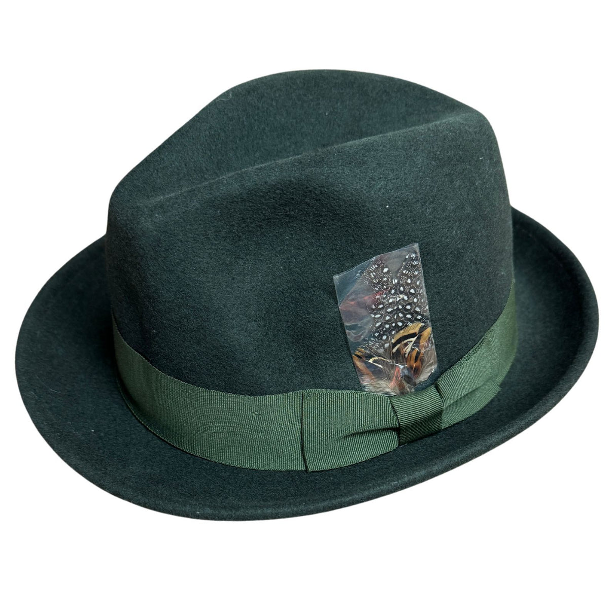 Avenel Mens 100% Wool Gangster Felt Hat - Loden Green (Petersham & Feather Trim)