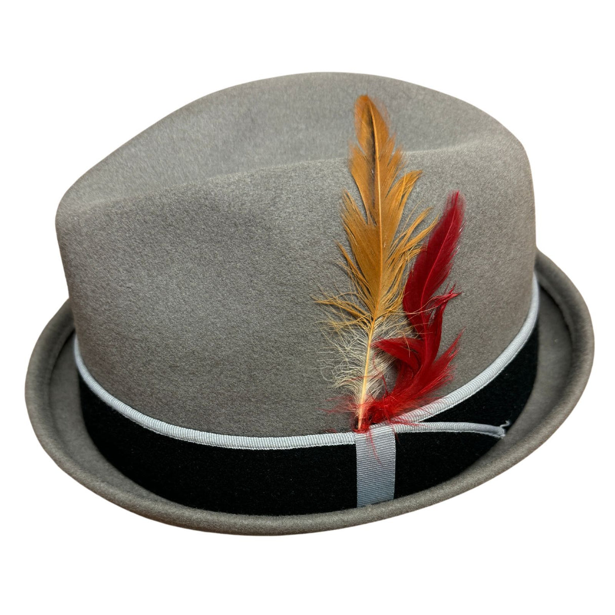 Avenel Mens 100% Wool Stingy Gutter Brim Felt Hat - Grey (Colourful Feather Trim) - Size M