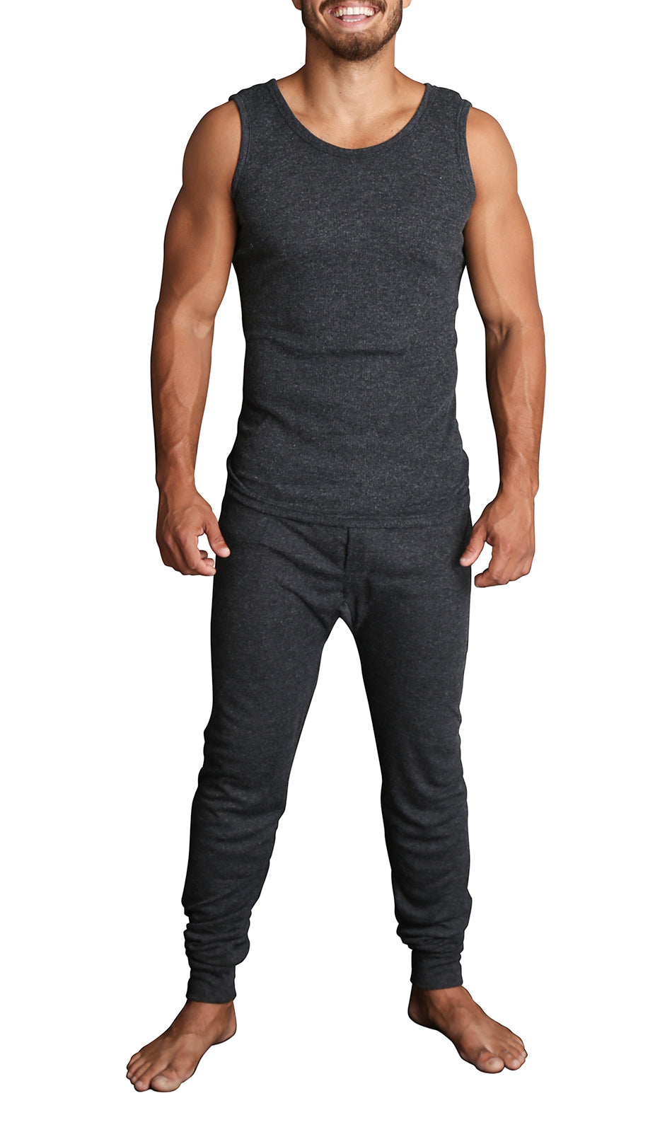 2pcs Set Mens Merino Wool Blend Thermal Singlet Top & Pants Underwear Thermals - Black