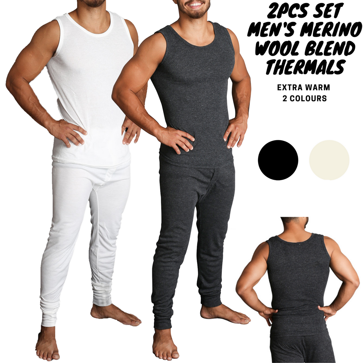 2pcs Set Mens Merino Wool Blend Thermal Singlet Top & Pants Underwear Thermals - Black