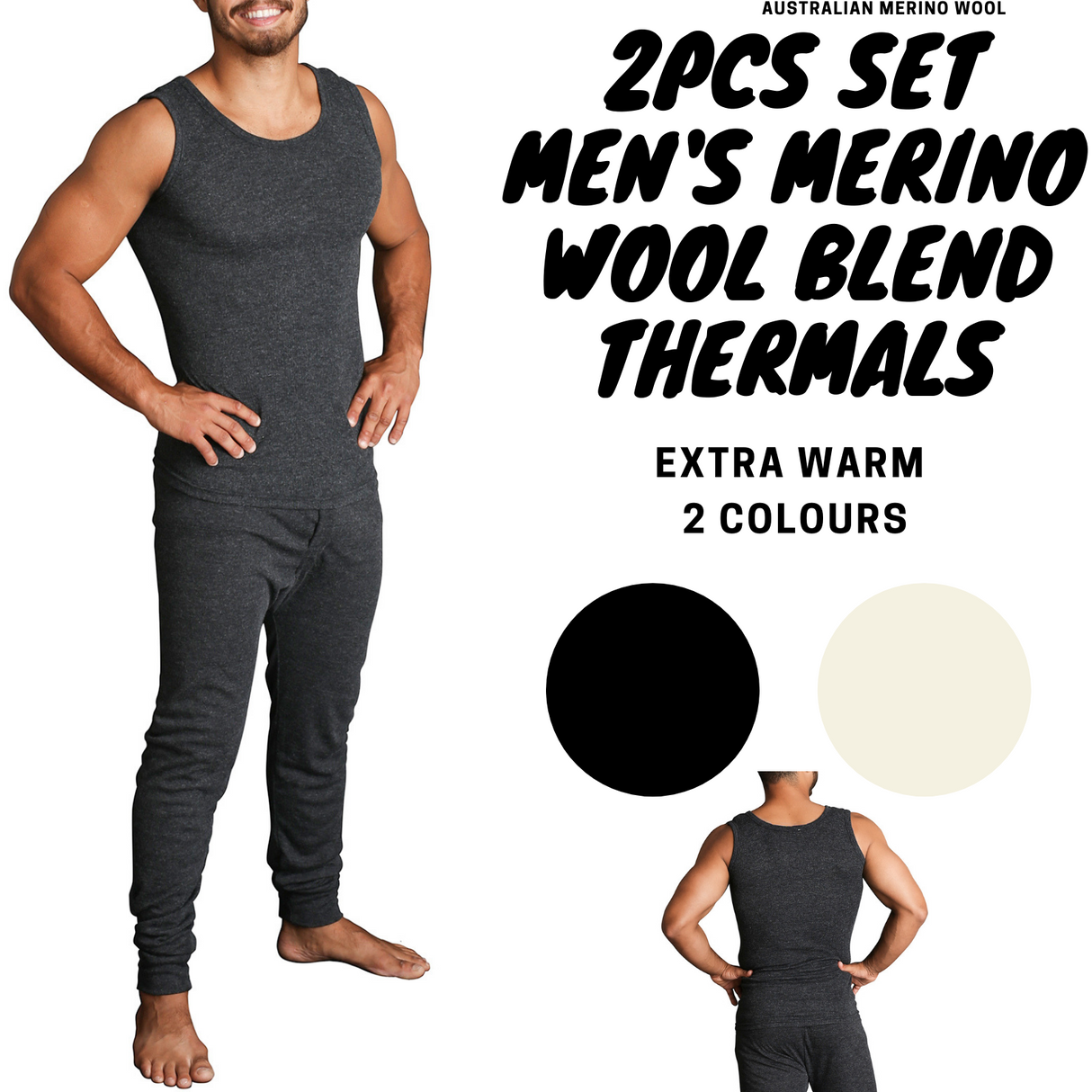 2pcs Set Mens Merino Wool Blend Thermal Singlet Top & Pants Underwear Thermals - Black
