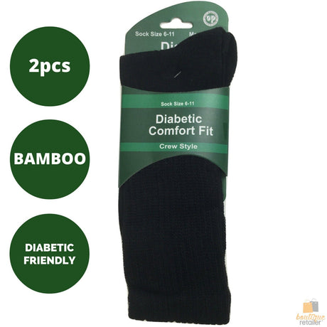2 Pairs DIABETIC BAMBOO Socks Work Socks Medical Loose Top Crew Cushion BLACK