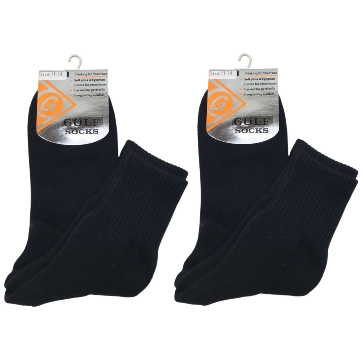2 Pairs GOLF SOCKS Crew Quarter Plain Sock Sports Cotton Casual Cushion Foot - Black 6-11