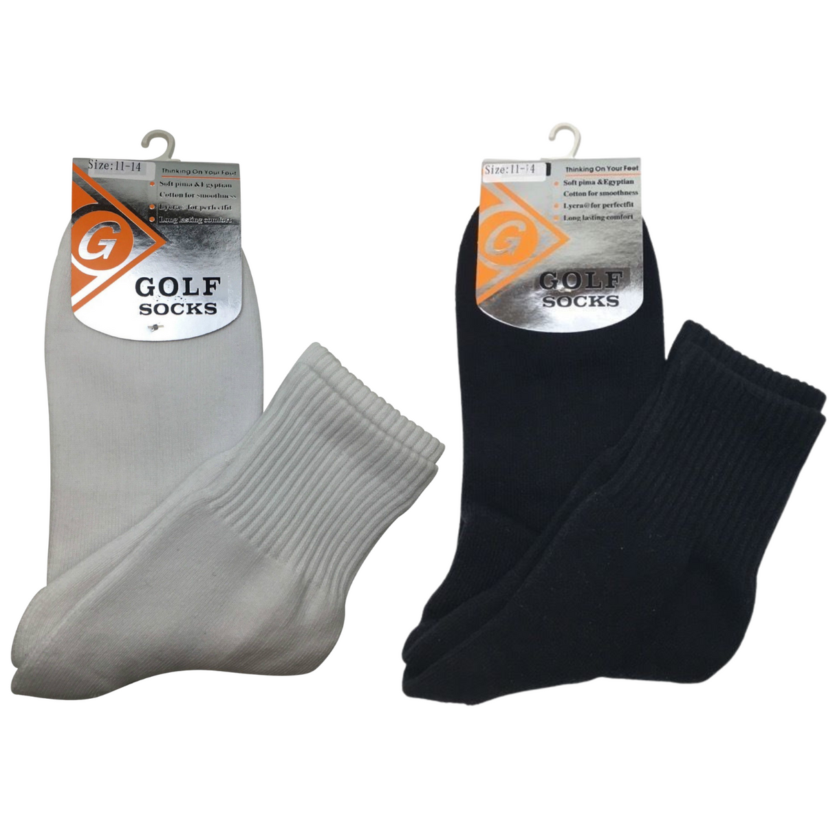 2 Pairs GOLF SOCKS Crew Quarter Plain Sock Sports Cotton Casual Cushion Foot - Black 2-8