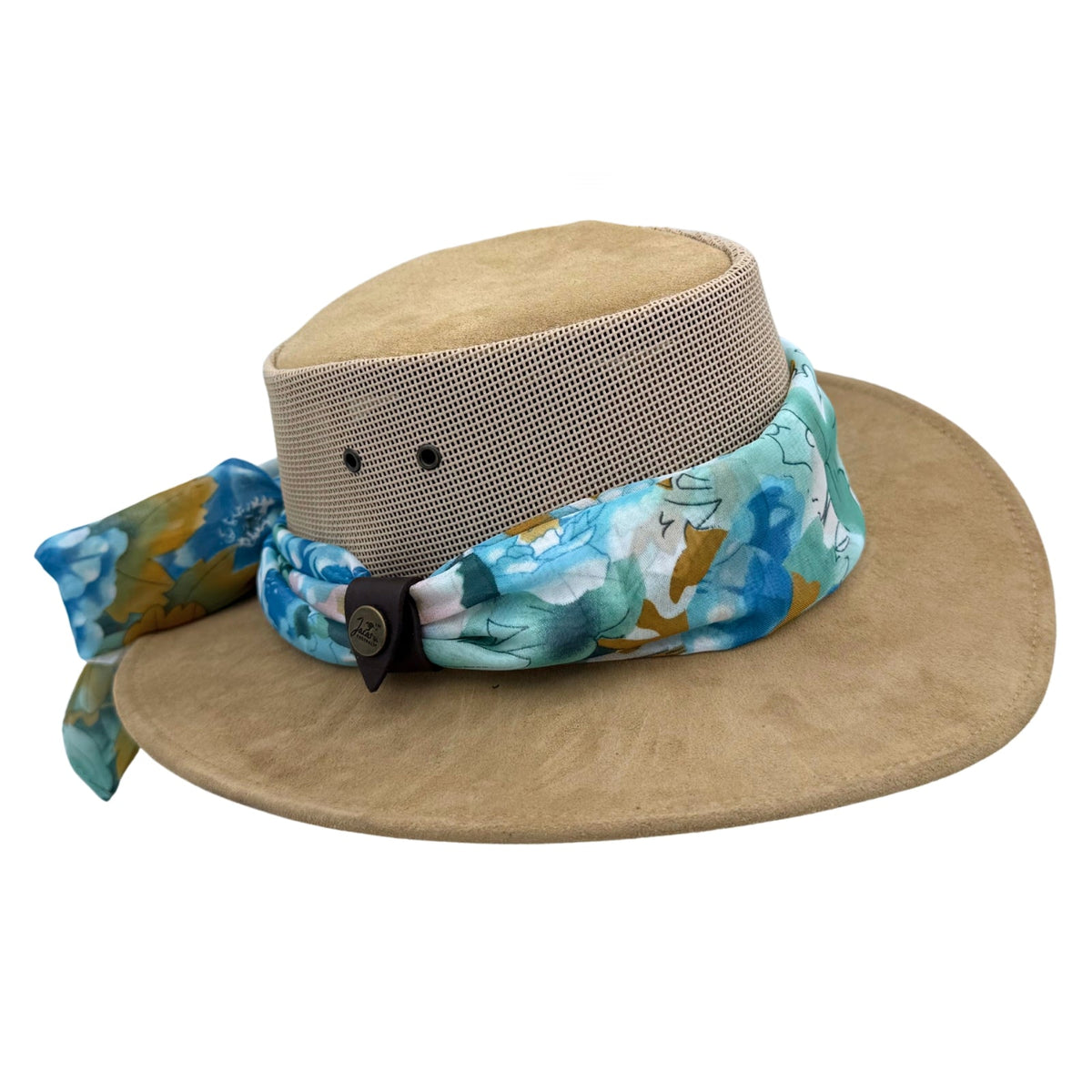 Jacaru 1022 Shady Lady Womens Suede Leather Breeze Hat - Mesh Crown & Chiffon Scarf (Made in Australia)