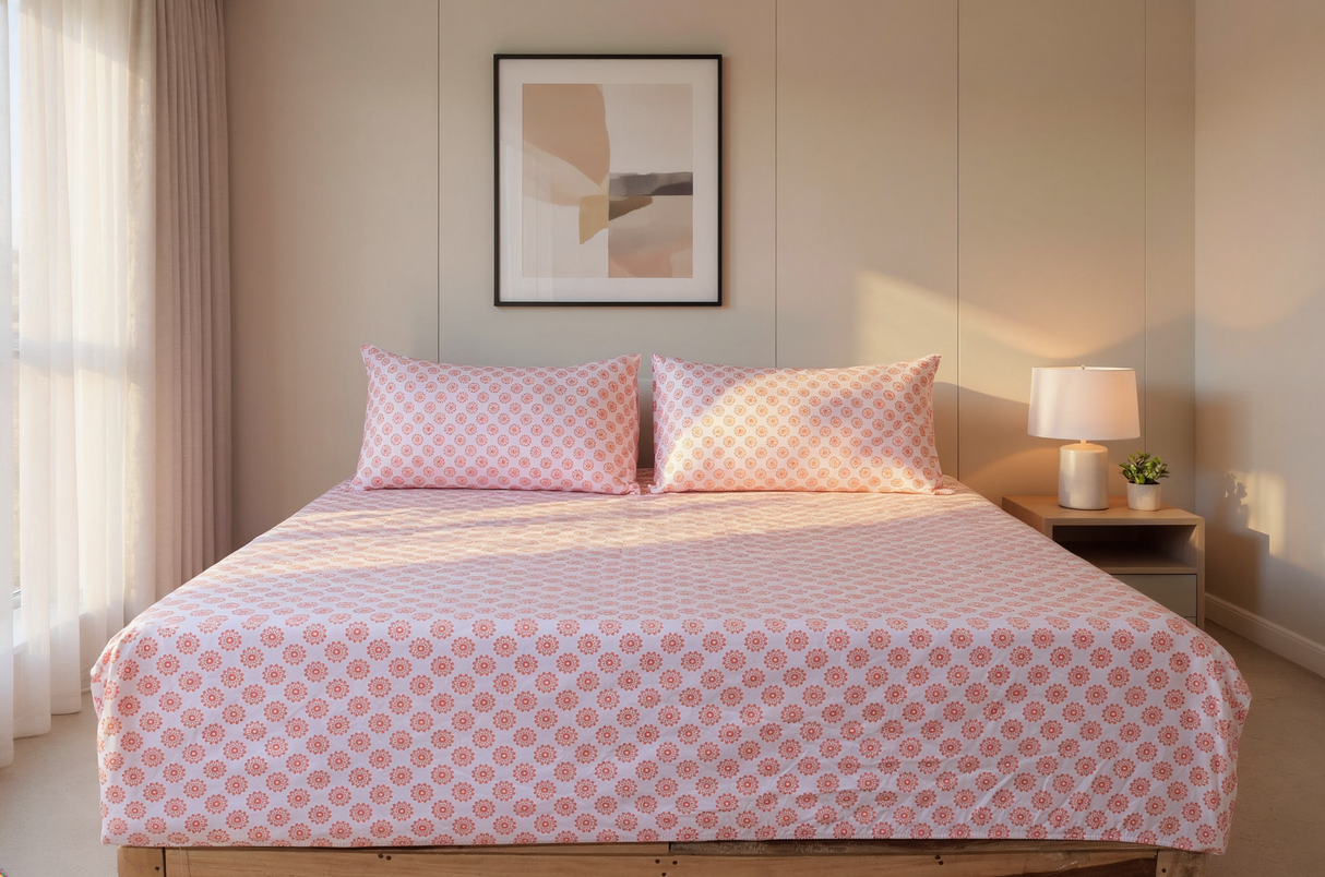 Blush Medallion Pure Cotton Fitted Bed Sheet + Pillowcase Set