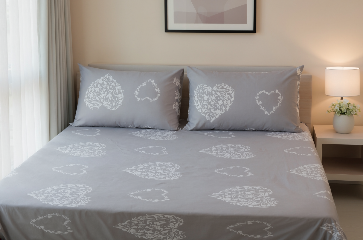 Damask Heart Pure Cotton Fitted Bed Sheet + Pillowcase Set